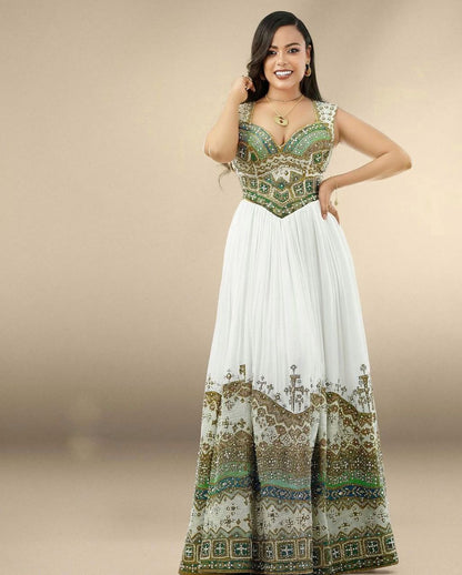 Elegant Habesha Kemis with Gold, Green and Sea Blue Details for Wedding and Events