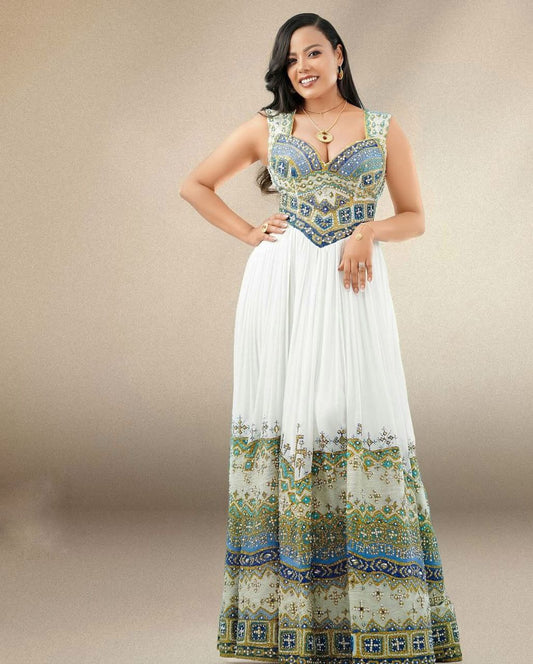 Elegant Habesha Kemis with Gold, Green and Sea Blue Details for Wedding and Events