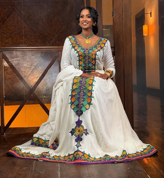 Beautiful Long Sleeve Ethiopian Dress with Colorful Embroidery for Celebrations

