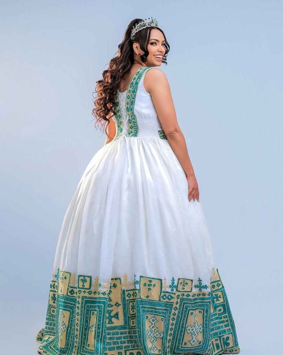 Exquisite White & Aqua Green Custom Habesha Dress with Golden Sparkle