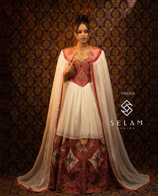 Glamorous Traditional Ethiopian Dress with Gold, Rich Red and Soft Pink Embroidery for Stunning Weddings
