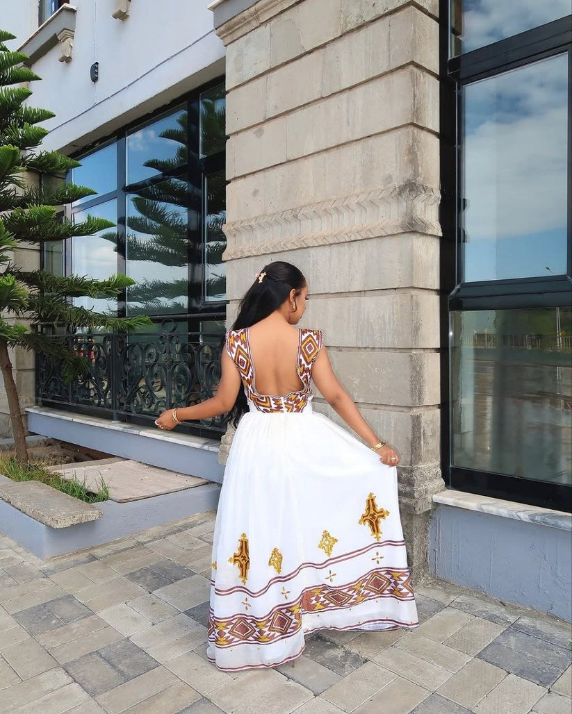 Habesha Dress - Gold & White Dress with Hand-Stitched tibeb main image 1