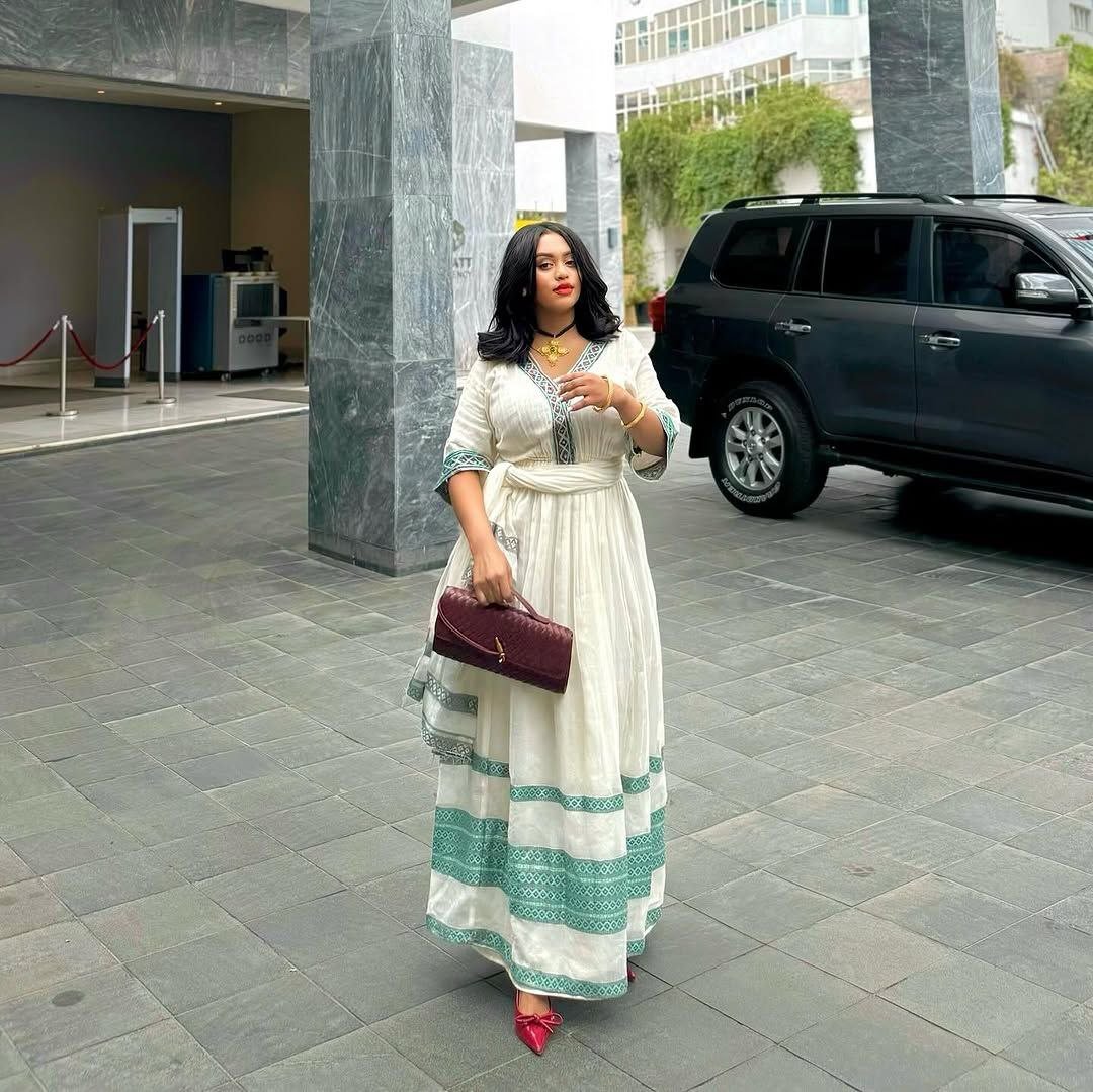 Simple Habesha Kemis with Elegant Teal Tilf Modern Ethiopian Dress for Special Occasions