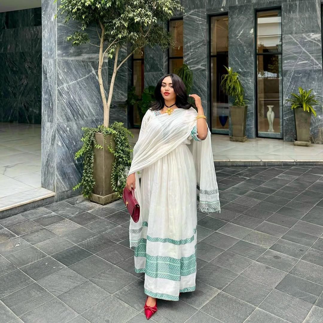 Simple Habesha Kemis with Elegant Teal Tilf Modern Ethiopian Dress for Special Occasions