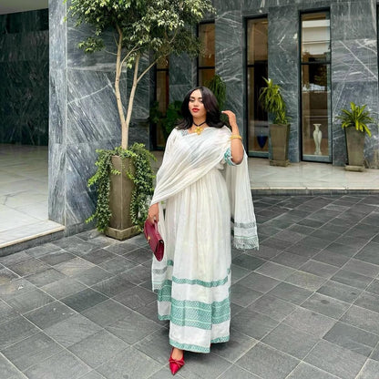 Simple Habesha Kemis with Elegant Teal Tilf Modern Ethiopian Dress for Special Occasions