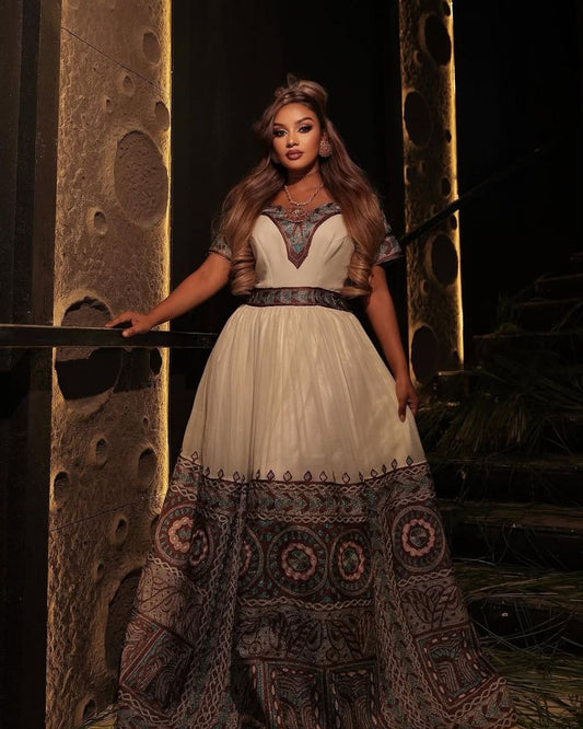 Stunning Habesha Dress with Intricate Patterned Embroidery for Cultural Gatherings

