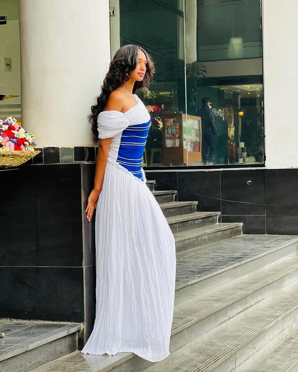 Simple Modern Habesha Dress with Bold Blue Bodice for Everyday Elegance and Cultural Gatherings
