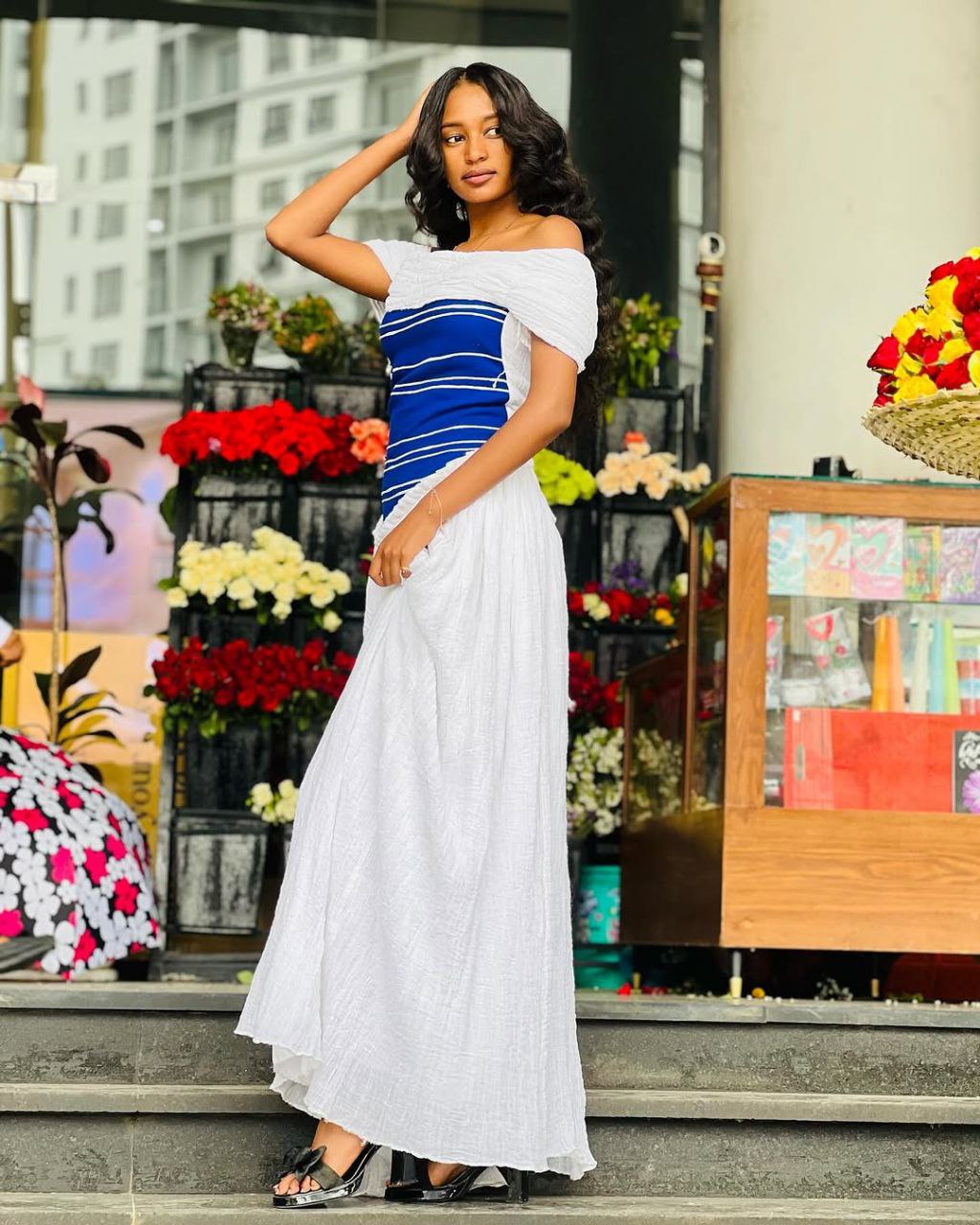 Simple Modern Habesha Dress with Bold Blue Bodice for Everyday Elegance and Cultural Gatherings
