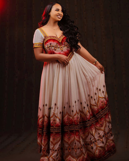 Elegant Habesha Dress with Rich Red and Gold Embroidery for Weddings
