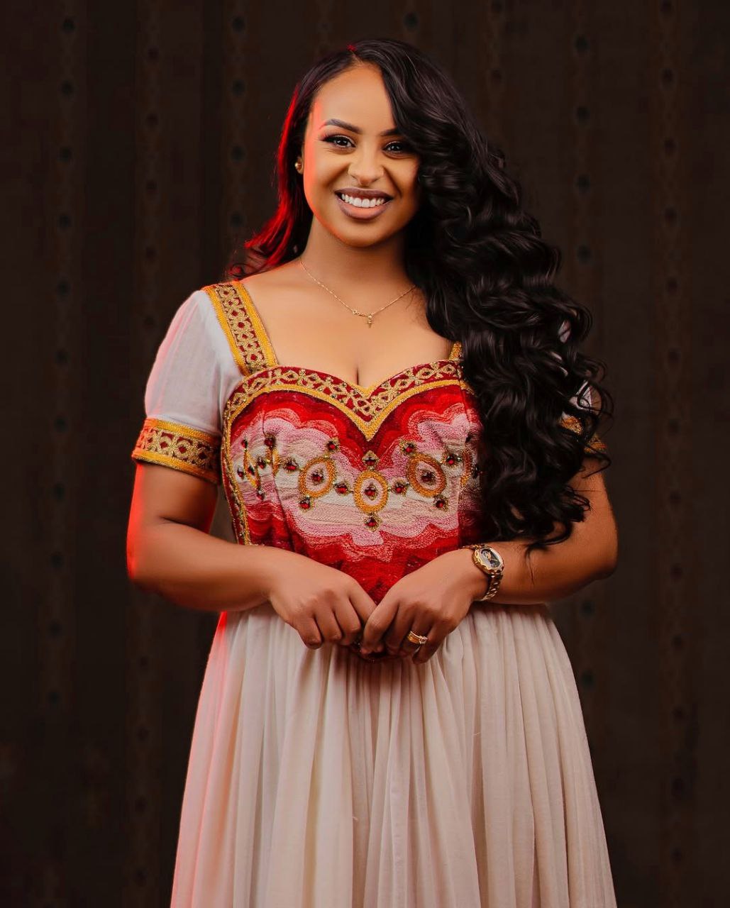 Elegant Habesha Dress with Rich Red and Gold Embroidery for Weddings