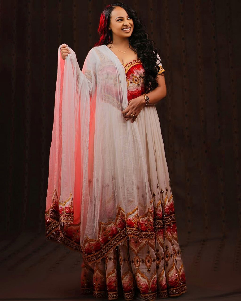 Elegant Habesha Dress with Rich Red and Gold Embroidery for Weddings