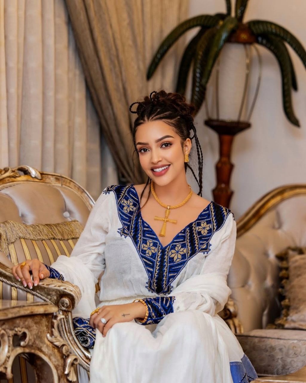 Elegant Habesha Dress with Rich Blue Embroidery for Cultural Events