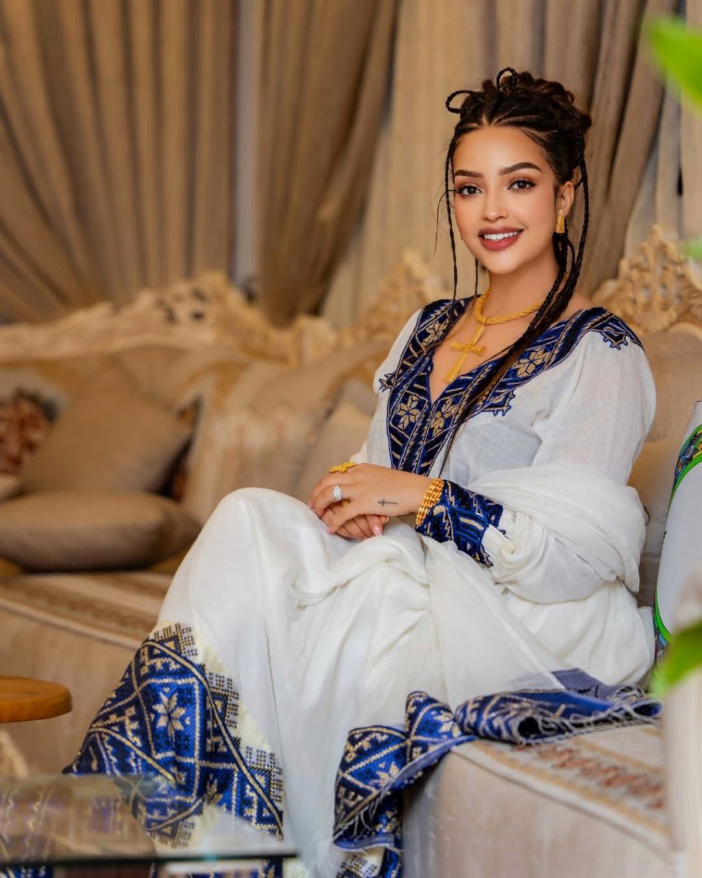 Elegant Habesha Dress with Rich Blue Embroidery for Cultural Events