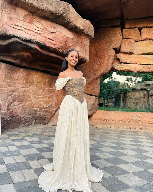 Elegant Habesha Dress with Brown Diamond Bodice for Event and Celebrations