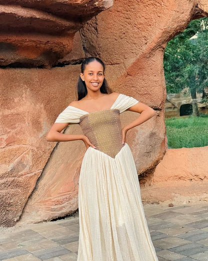 Elegant Habesha Dress with Brown Diamond Bodice for Event and Celebrations