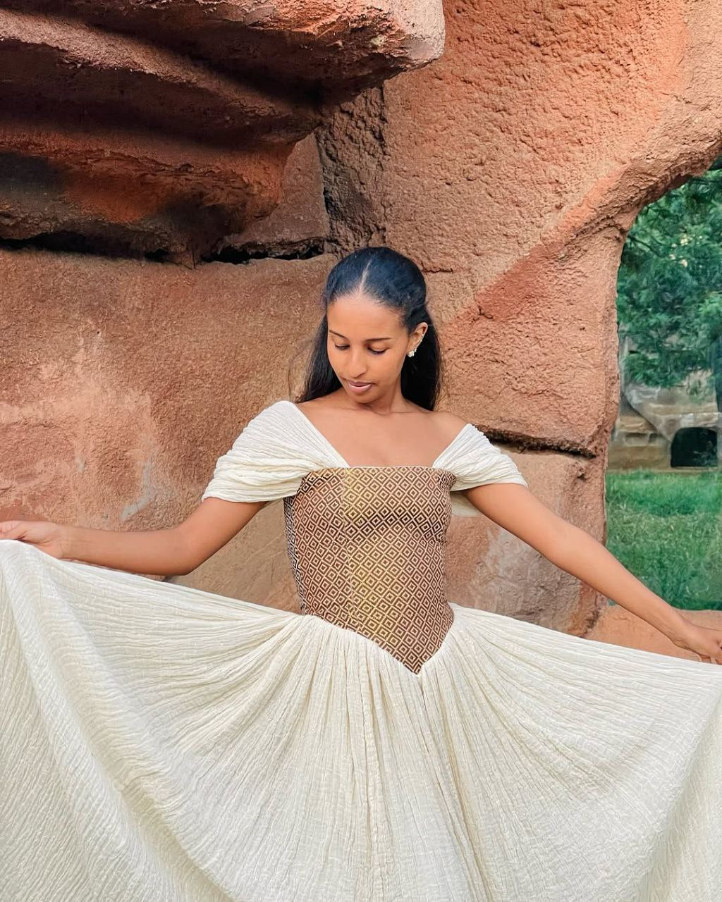 Elegant Habesha Dress with Brown Diamond Bodice for Event and Celebrations