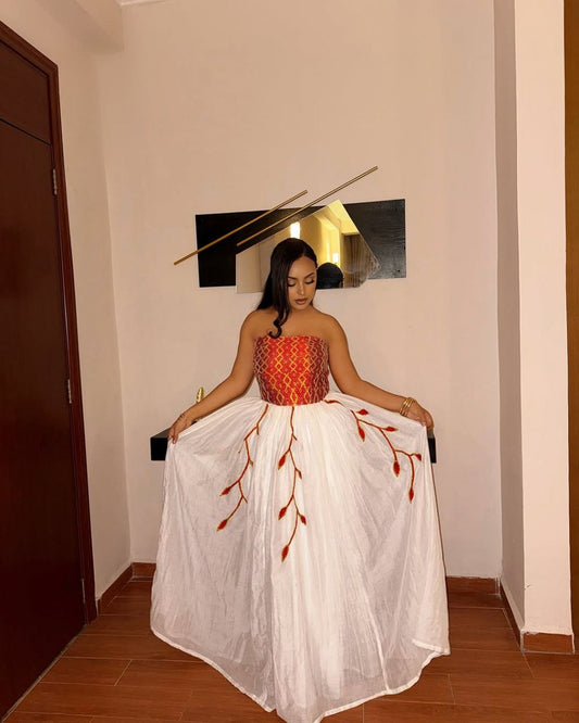 Simple Habesha Kemis with Red Embroidery a Graceful Choice for Everyday Elegance

