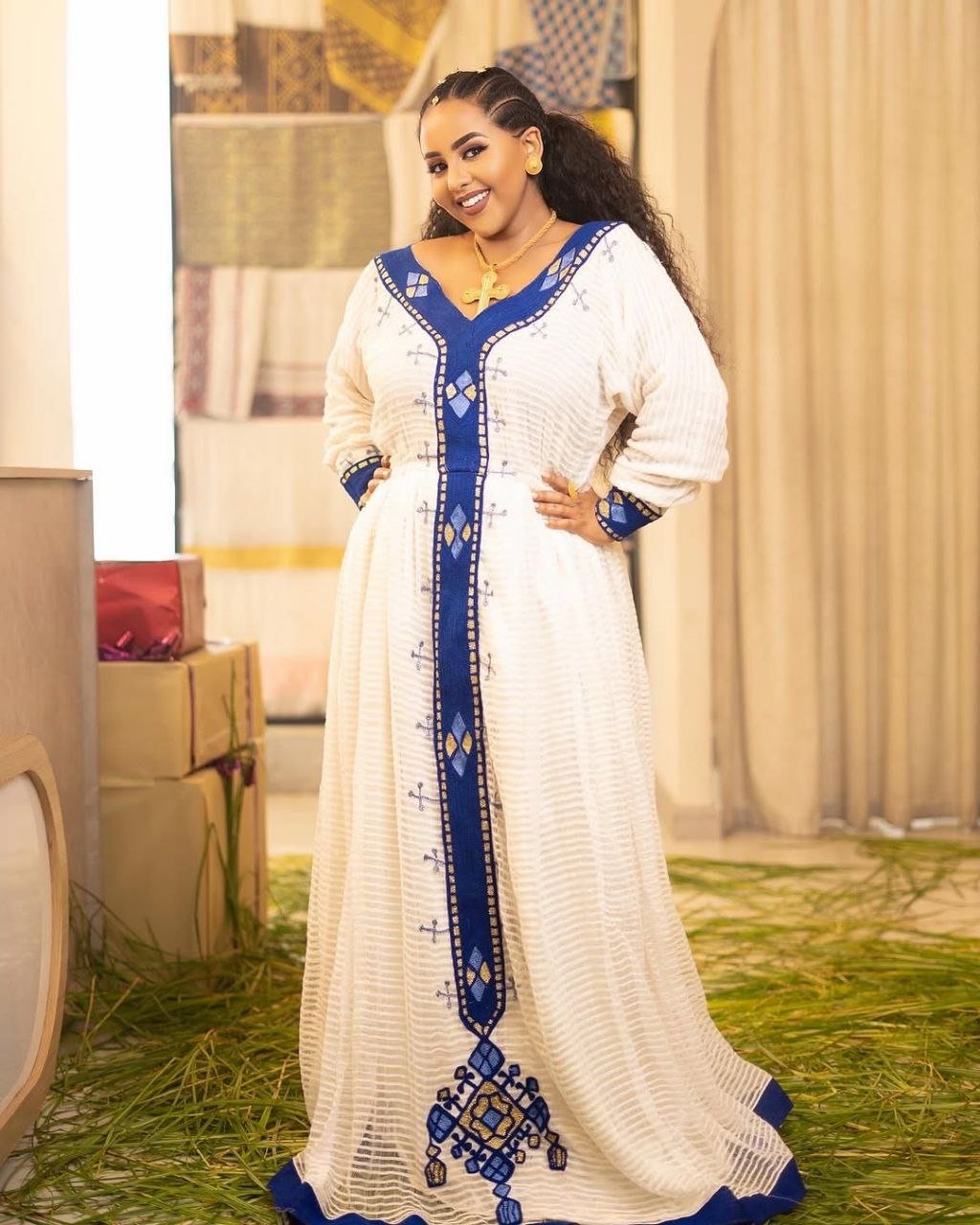 Beautiful Habesha Kemis with Royal Blue Embroidery Traditional Ethiopian Dress for Special Occasions