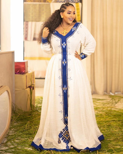 Beautiful Habesha Kemis with Royal Blue Embroidery Traditional Ethiopian Dress for Special Occasions