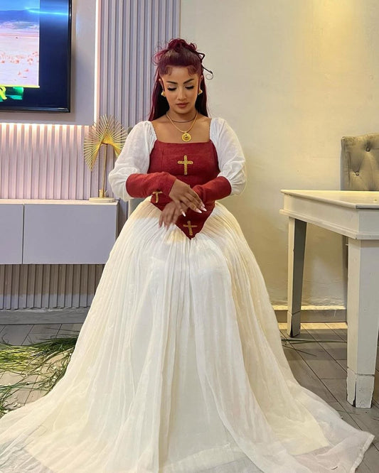 Stunning Yet Simple Habesha Kemis with Elegant Red Accents Ethiopian Clothing for Everyday Wear
