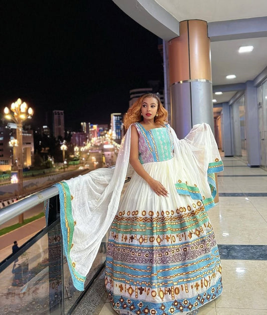 Stunning Habesha Kemis with Vibrant Patterns – Ethiopian Wedding Dress – Habesha Clothing – Ethiopian Dress

