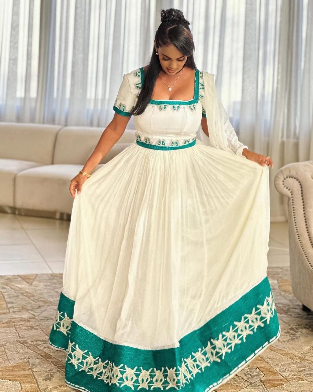 Graceful Green Embroidered Habesha Dress with Short Sleeves – Ethiopian Traditional Clothing – Habesha Clothing – Zuria
