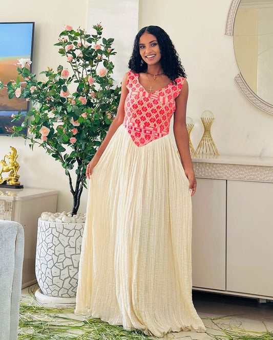 Simple Modern Habesha Kemis with Pink Accents – Ethiopian Traditional Clothing – Habesha Clothing – Ethiopian Dress
