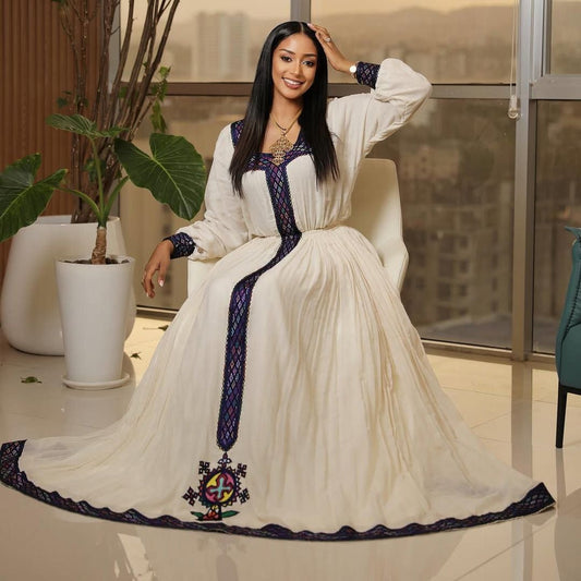 Charming Habesha Dress with Purple Embroidery for an Event - Ethiopian Dress - Habesha Clothing