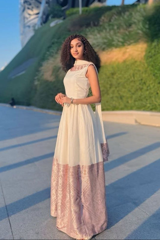 Elegant Habesha Kemis with Pink Detailing for Special Occasion - Traditional Ethiopian Dress - Eritrean Clothing