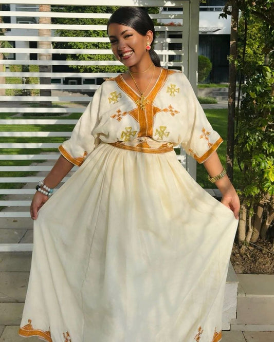 Simple Habesha Kemis with Gold Embroidery for Occasions - Habesha Clothing - Ethiopian Clothing
