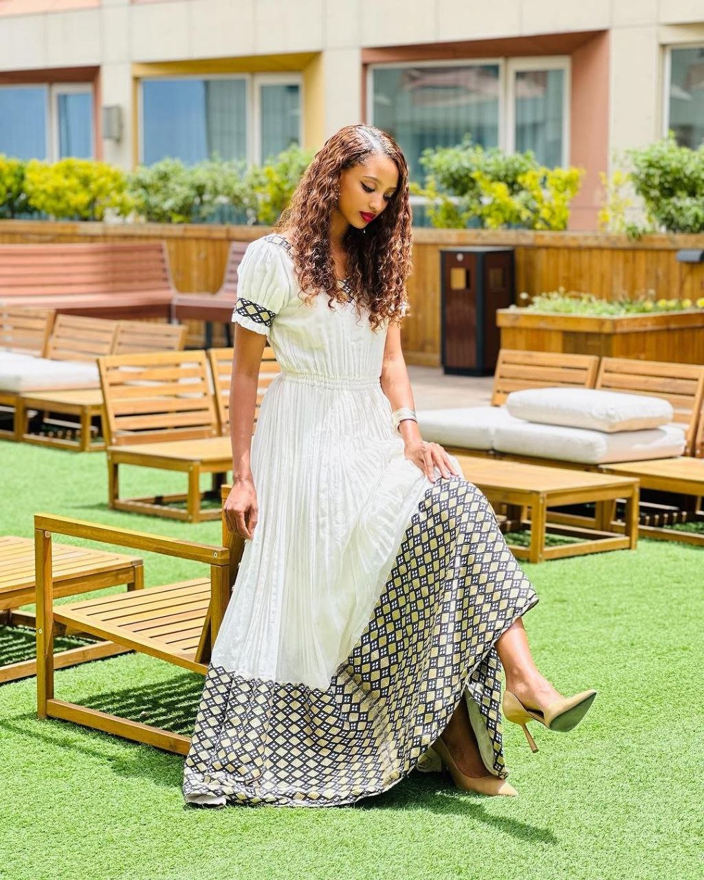 Stylish Habesha Kemis with Geometric Patterns and Puff Sleeves for Event - Ethiopian Clothing - Habesha Clothing