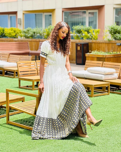 Stylish Habesha Kemis with Geometric Patterns and Puff Sleeves for Event - Ethiopian Clothing - Habesha Clothing