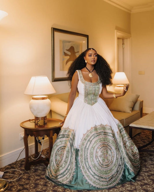 Elegant Habesha Wedding Dress with Intricate Green Embroidery – Habesha Kemis – Eritrean Wedding Dress 
