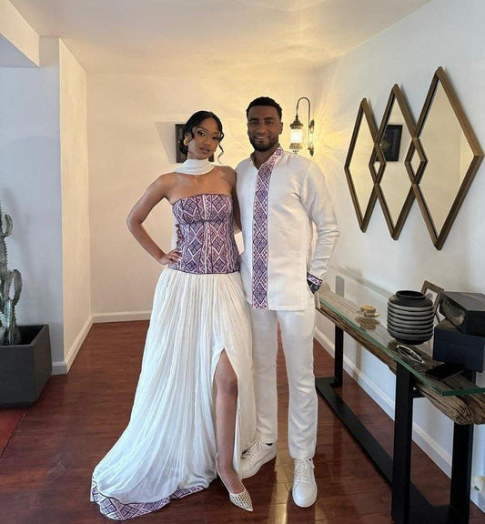 Stylish Couple in Coordinated Habesha Attire - Ethiopian Traditional Clothing - Habesha Wedding Dress - Eritrean Clothing

