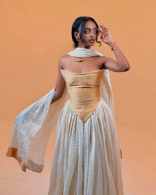Chic Traditional Habesha Kemis with Gold Bodice - Ethiopian Traditional Clothing - Eritrean Clothing
