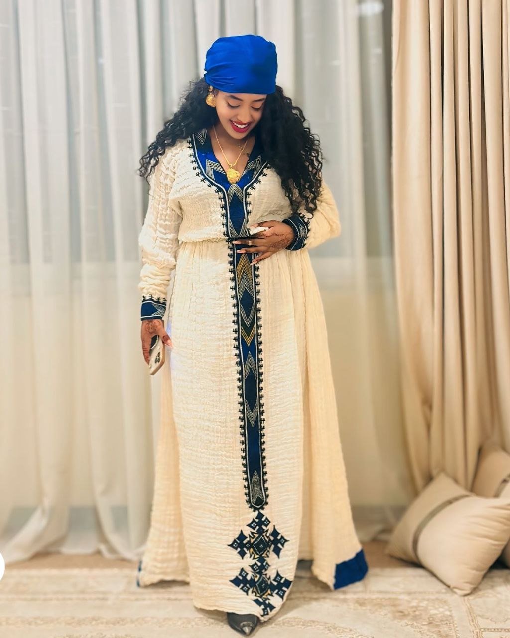 Simple Habesha Dress with Navy Blue Accents – Habesha Kemis – Ethiopian Traditional Clothing

