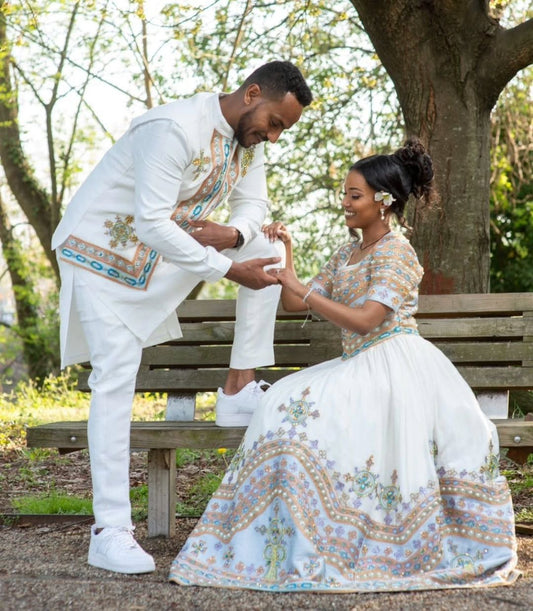 Beautifully Coordinated Habesha Dress and Ethiopian Wedding Dress for Couples - Habesha Clothing
