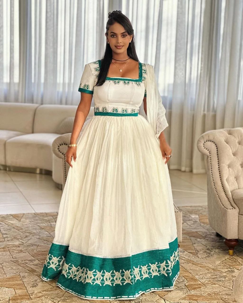 Graceful Green Embroidered Habesha Dress with Short Sleeves – Ethiopian Traditional Clothing – Habesha Clothing – Zuria