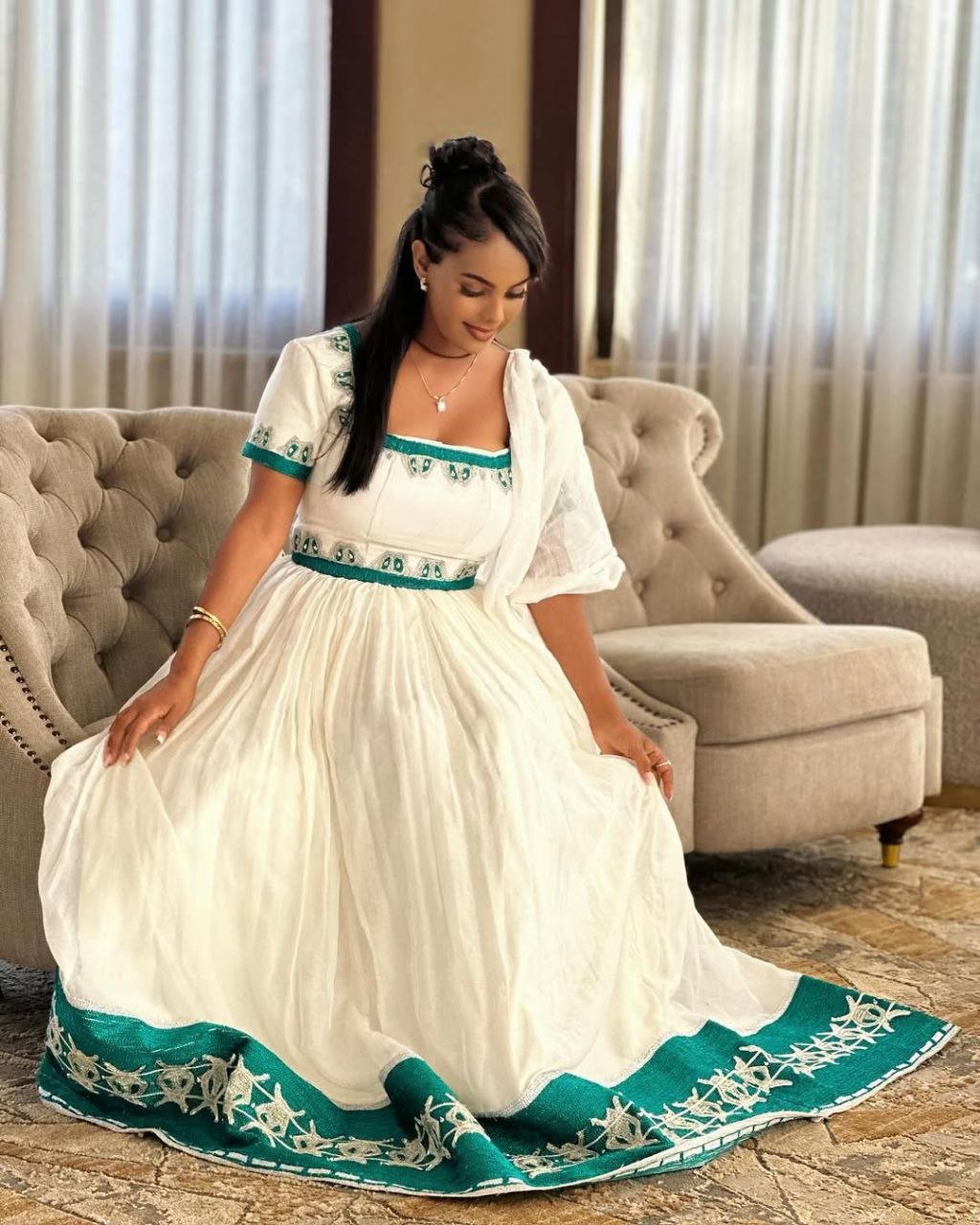 Graceful Green Embroidered Habesha Dress with Short Sleeves – Ethiopian Traditional Clothing – Habesha Clothing – Zuria
