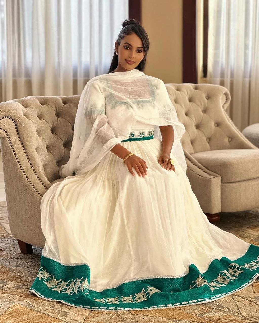 Graceful Green Embroidered Habesha Dress with Short Sleeves – Ethiopian Traditional Clothing – Habesha Clothing – Zuria