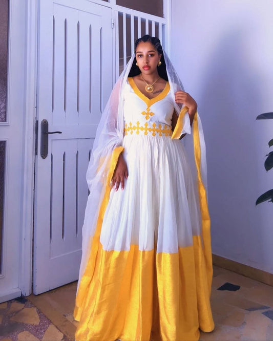 Elegant Habesha Kemis with Bright Yellow Accents - Ethiopian Traditional Clothing - Habesha Dress
