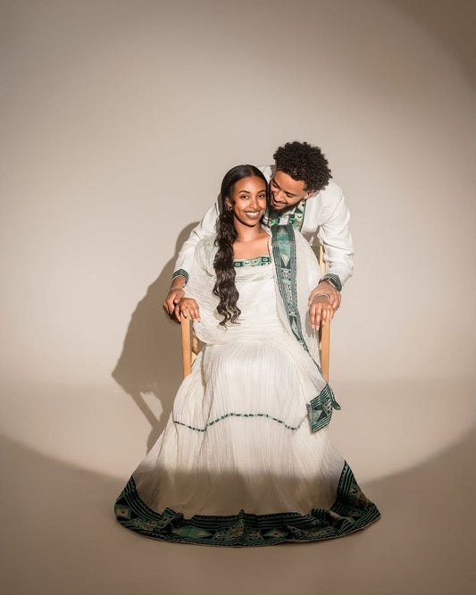 Elegant Green Accent Habesha Attire for Couples - Ethiopian Traditional Clothing - Habesha Wedding Dress

