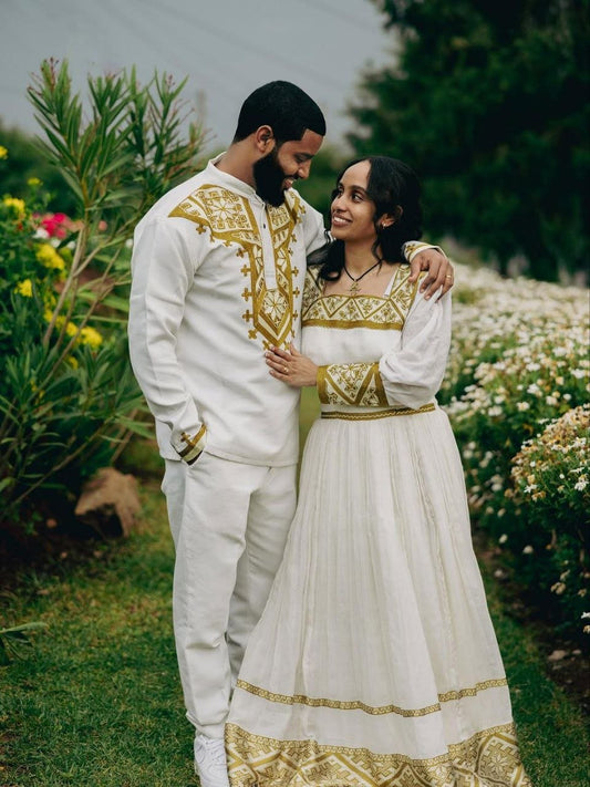 Elegant Golden Couples Outfit – Habesha Wedding Dress - Ethiopian Traditional Clothing - Cultural Dress
