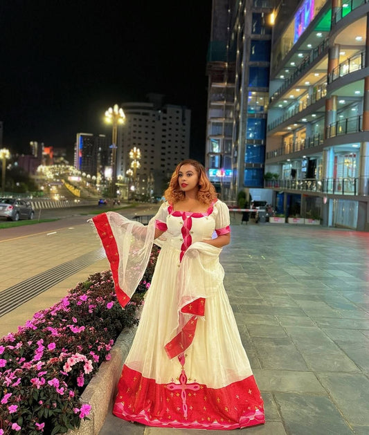 Elegant  Red Habesha Kemis with Intricate Details – Ethiopian Traditional Clothing – Habesha Dress – Ethiopian Dress
