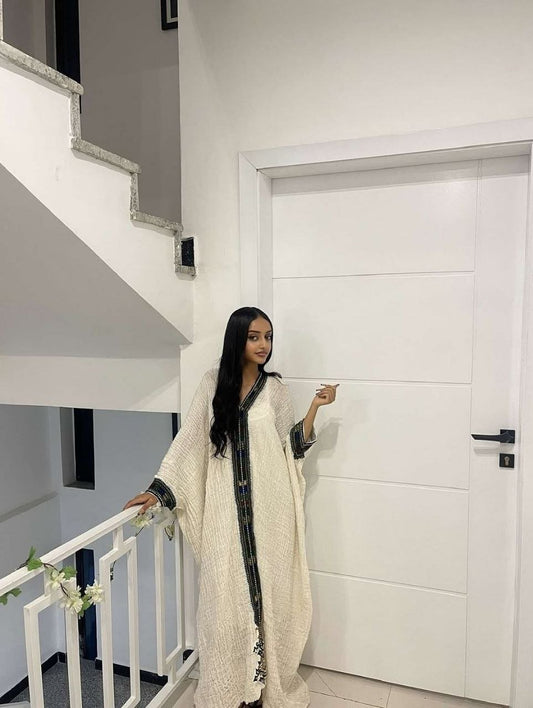 Simple Habesha Kemis with Intricate Black Accents – Ethiopian Traditional Clothing – Habesha Dress – Ethiopian Dress Traditional