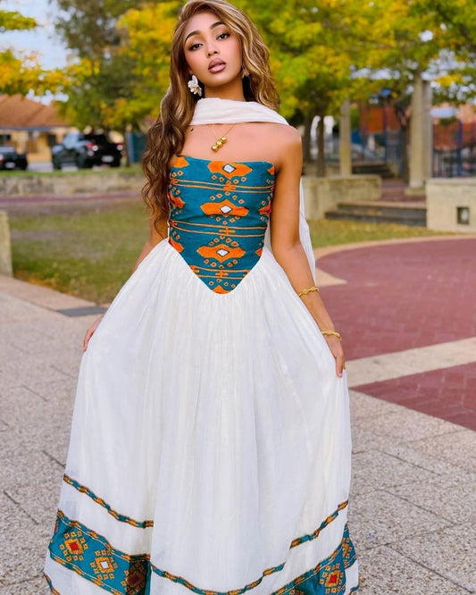 Modern Habesha Kemis with Teal and Orange Patterns – Habesha Clothing – Habesha Dress – Ethiopian Traditional Clothing
