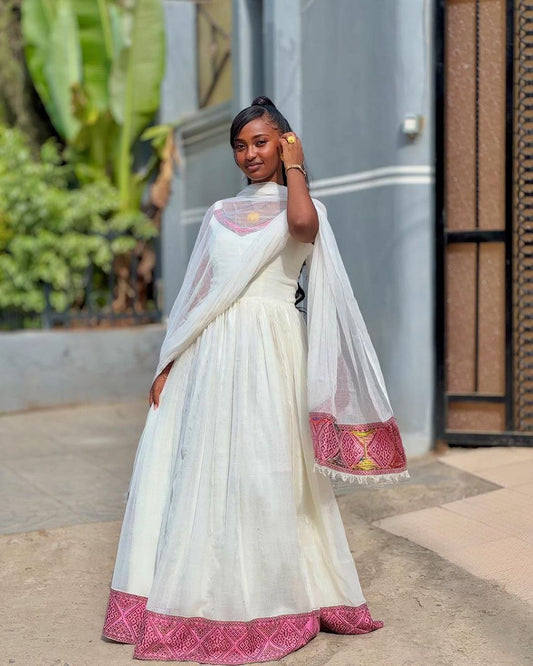 Elegant Habesha Dress with Pink Accents – Traditional Ethiopian Attire – Habesha Dress – Ethiopian Traditional Clothing
