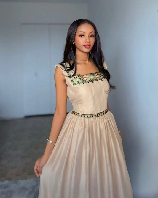 Elegant Beige Dress with Green Accents – Habesha Dress – Habesha Kemis – Ethiopian Traditional Clothing
