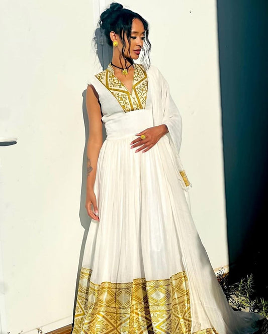 Elegant Habesha Kemis with Gold Accents – Traditional Ethiopian Dress – Habesha Clothing
