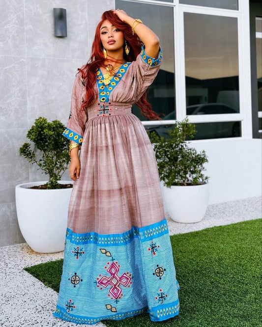 Gorgeous Brown Habesha Kemis with Blue Accents – Habesha Dress – Ethiopian Traditional Clothing
